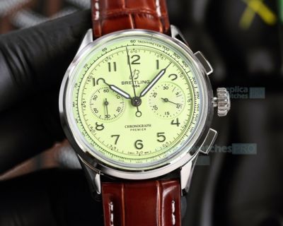 Swiss 7750 Breitling Navitimer 01 Men Watch Pistachio Green Dial Brown Leather Strap